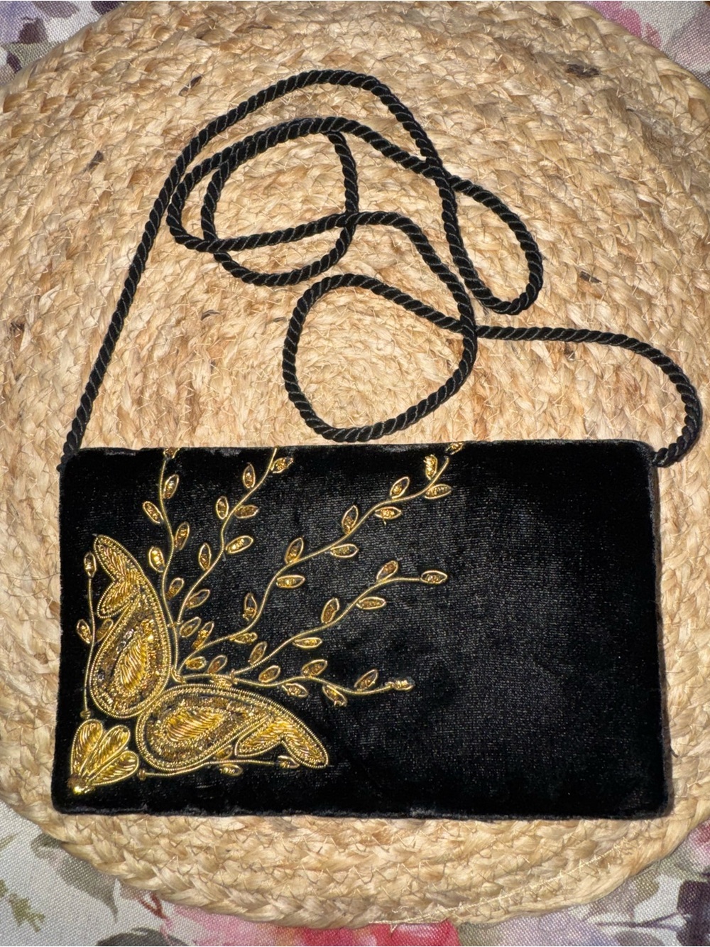 Black Velvet Crossbody Clutch with Gold Embroidery